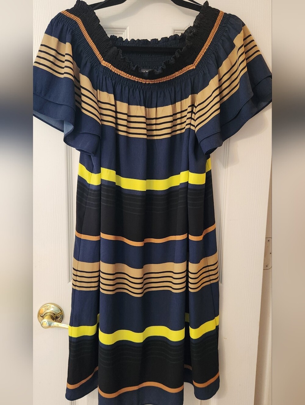 Chelsea And Theodore Striped Off-Shoulder Navy and Lime Green Summer Dress